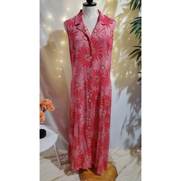 Vtg 90s Y2K JBS Ltd Shell Button Floral Smocked Maxi Dress Size 14 Pink Fairy - Picture 1 of 10
